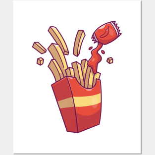 French fries with chili sauce cartoon Posters and Art